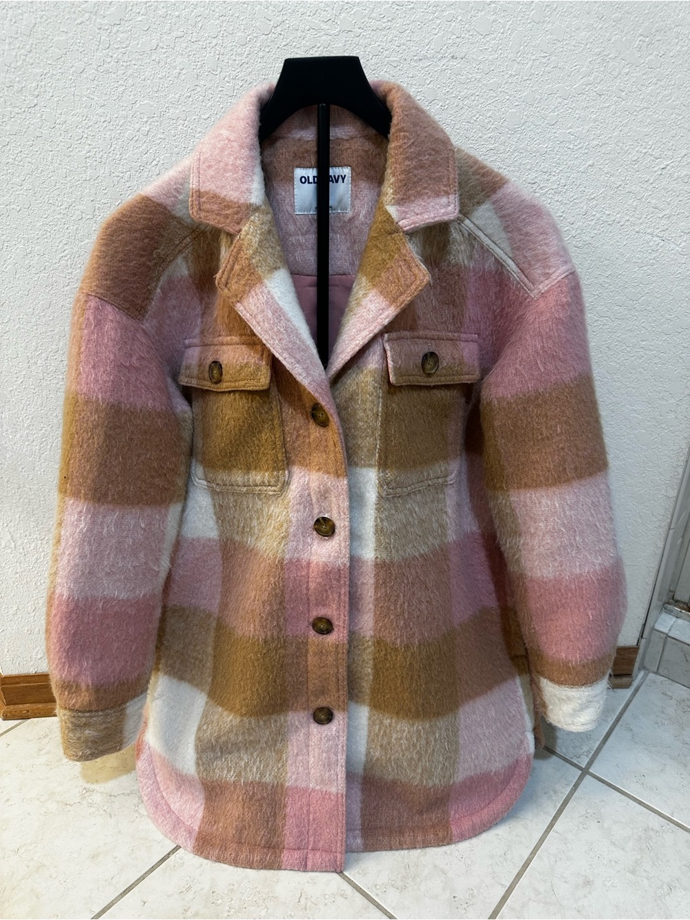 Old Navy Pink, Brown & Cream Plaid Button-Up Shacket - Picture 1 of 3